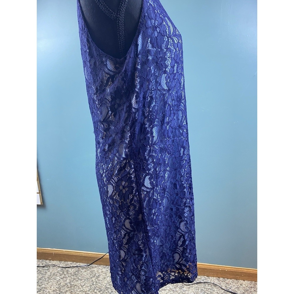 Navy‎ Blue Floral Lace Sleeveless Shift Dress Round Neck Midi Elegant Cocktail - Picture 12 of 16